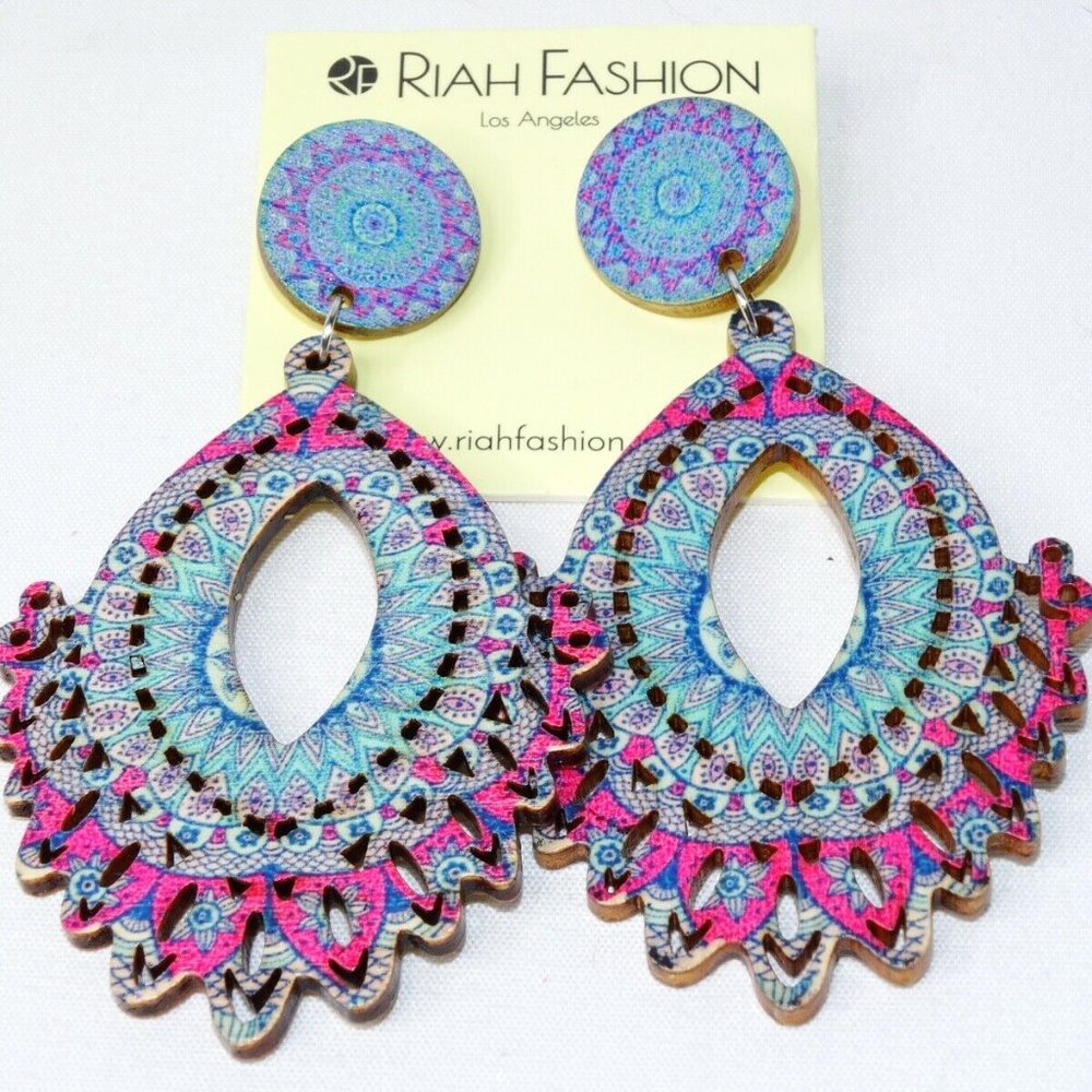 Wood Mandala Tear Drop Dangling Oversize Earrings